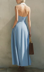 Light Blue Halter-neck Cinched-waist Long Dress