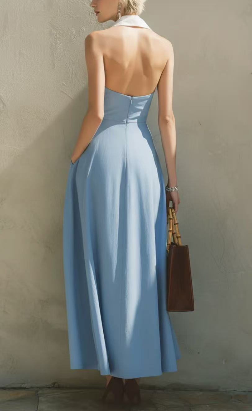 Light Blue Halter-neck Cinched-waist Long Dress