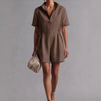 Womens Casual Long-Sleeve Lapel-Neck Split Jumpsuit