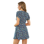 Womens Slim-fit Floral Lace-up Waist-defined Short-sleeve Dress