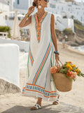 V-neck Three-quarter-length Sleeves Long Caftan Dress With Patch Pockets