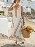 V-neck Three-quarter-length Sleeves Long Caftan Dress With Patch Pockets