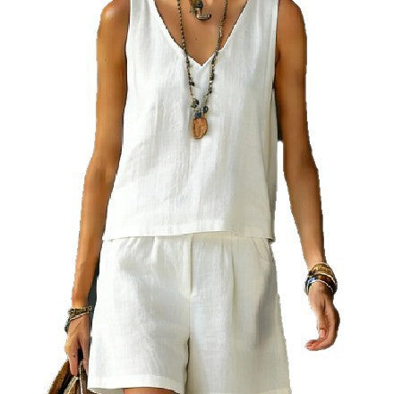 Sleeveless Linen Cotton Top Vest And Shorts Womens Solid Color Two-Piece Set