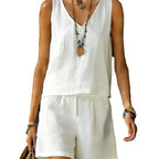 Sleeveless Linen Cotton Top Vest And Shorts Womens Solid Color Two-Piece Set