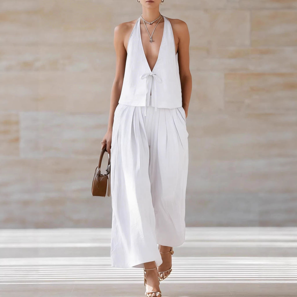 Fashionable Casual Sleeveless Vest And Loose Wide-Leg Pants Womens Set