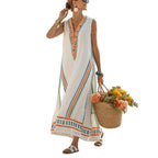 V-neck Three-quarter-length Sleeves Long Caftan Dress With Patch Pockets
