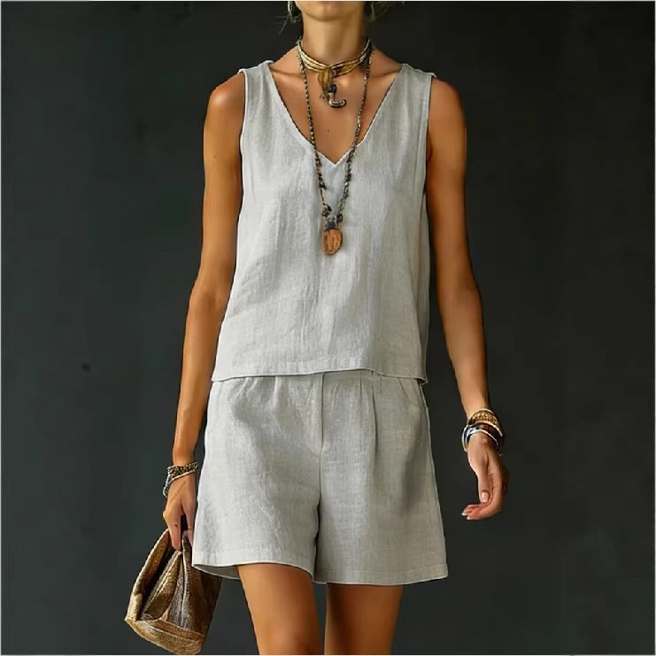 Sleeveless Linen Cotton Top Vest And Shorts Womens Solid Color Two-Piece Set
