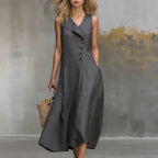 Solid-color Lapel-buttoned Sleeveless Womens Dress With A Fitted Hem