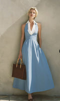 Light Blue Halter-neck Cinched-waist Long Dress