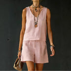 Sleeveless Linen Cotton Top Vest And Shorts Womens Solid Color Two-Piece Set