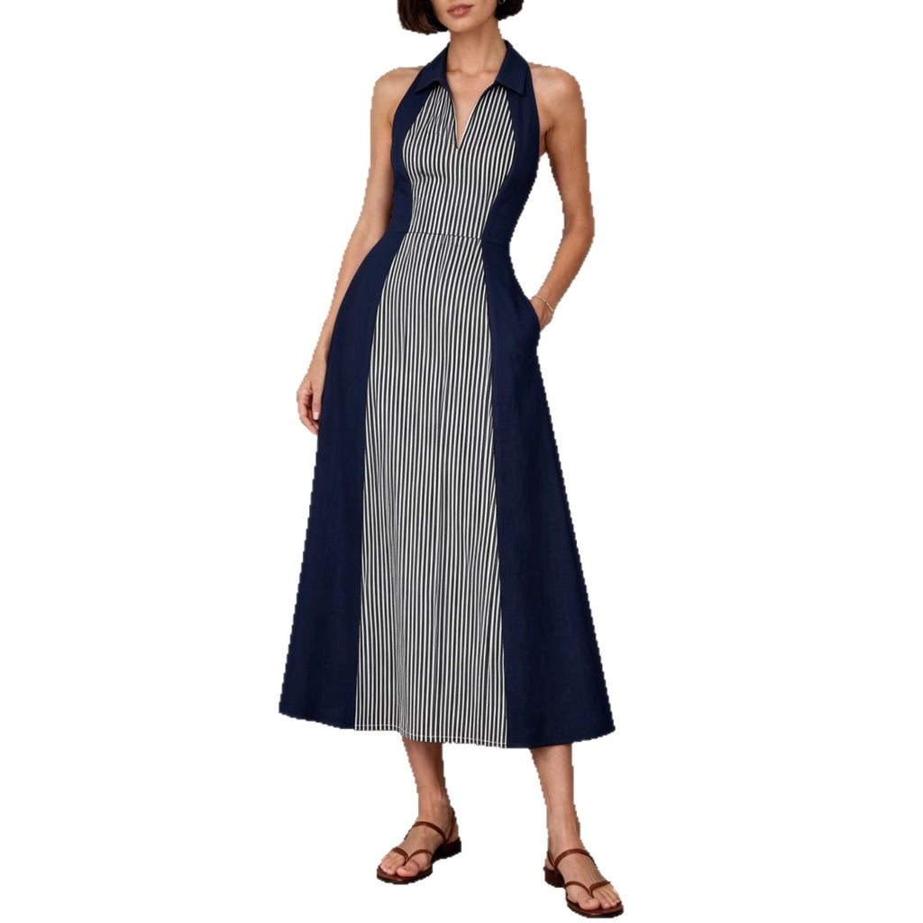 Womens Shirts Collar Defined Waistline Striped Long Swing Dress