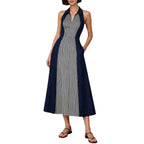 Womens Shirts Collar Defined Waistline Striped Long Swing Dress