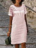 Casual Lace-Patchwork Crew-Neck Cotton-Linen Solid-Color Short-Sleeve Dress